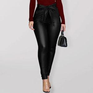 Women’s Slim Fit Tie Belt Faux Leather Pants - Black / S