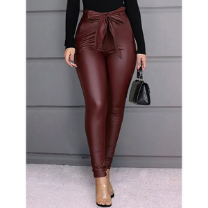 Women’s Slim Fit Tie Belt Faux Leather Pants - Wine Red / S