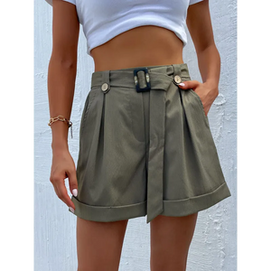 Women’s Solid Color Belted High Waist Shorts - Olive green /