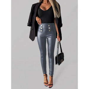 Women’s solid color button-down skinny casual leather pants