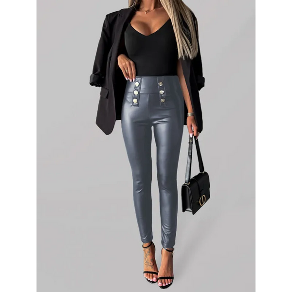 Women’s solid color button-down skinny casual leather pants