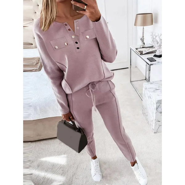 Women’s Solid Color Button Front Sweatshirt And Joggers Set
