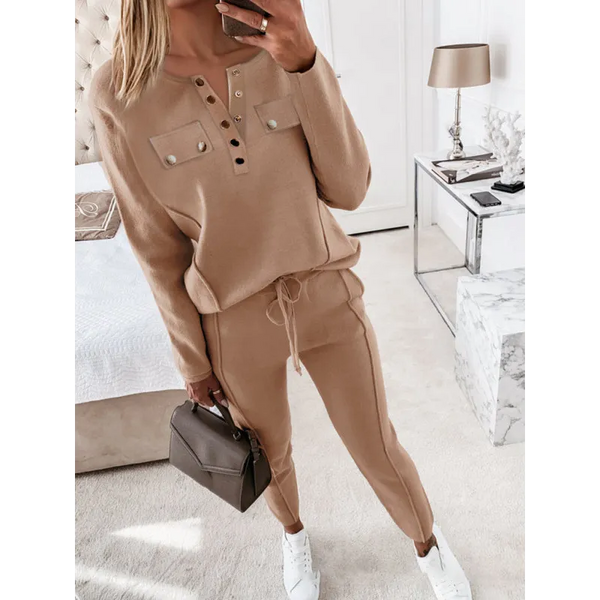 Women’s Solid Color Button Front Sweatshirt And Joggers Set