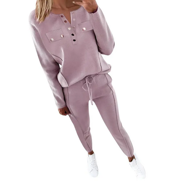 Women’s Solid Color Button Front Sweatshirt And Joggers Set