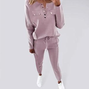 Women’s Solid Color Button Front Sweatshirt And Joggers Set