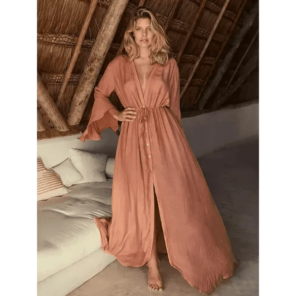 Women's Solid Color Coastal Long Sleeve Cover-Up Dress - Epic Fashion UKAllDressWomen