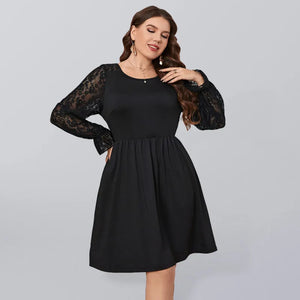 Women’s Solid Color Lace Elegant Plus Size Dress - Black /