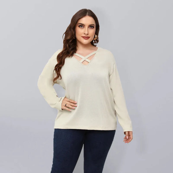 Women’s Solid Color Off Neck Plus Size Long Sleeve Top -