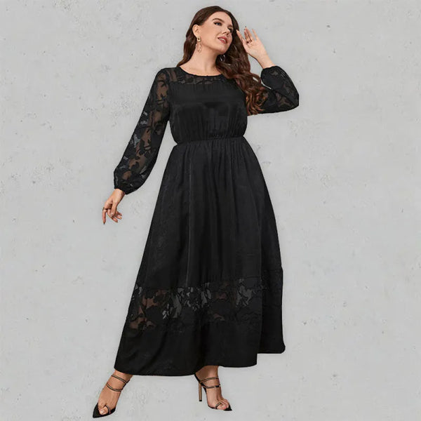Women’s Solid Color Plus Size Lace Puff Sleeve Flared Skirt