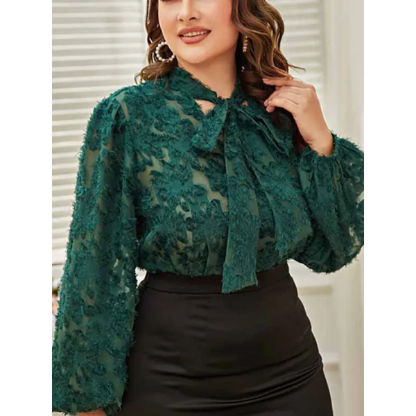 Women’s Solid Color Plus Size Lace Trim Tie Neck Long Sleeve