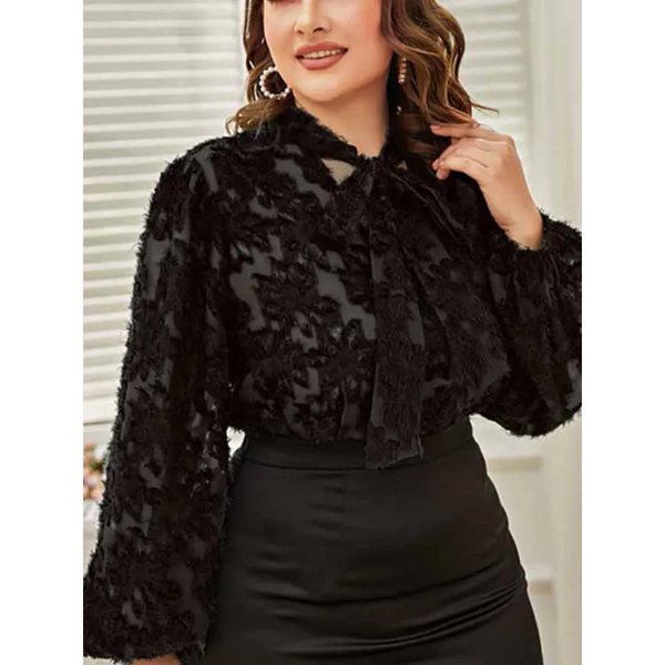 Women’s Solid Color Plus Size Lace Trim Tie Neck Long Sleeve