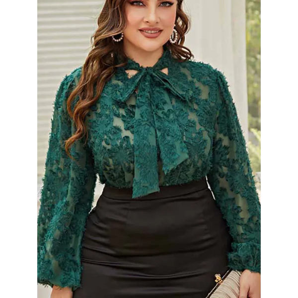 Women’s Solid Color Plus Size Lace Trim Tie Neck Long Sleeve