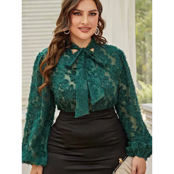 Women’s Solid Color Plus Size Lace Trim Tie Neck Long Sleeve