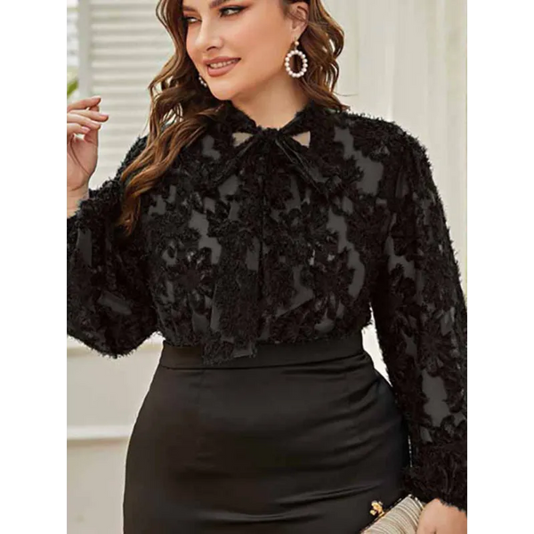 Women’s Solid Color Plus Size Lace Trim Tie Neck Long Sleeve