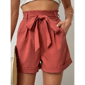 Women’s Solid Color Tie Waist Knit Shorts - Pink purple / S