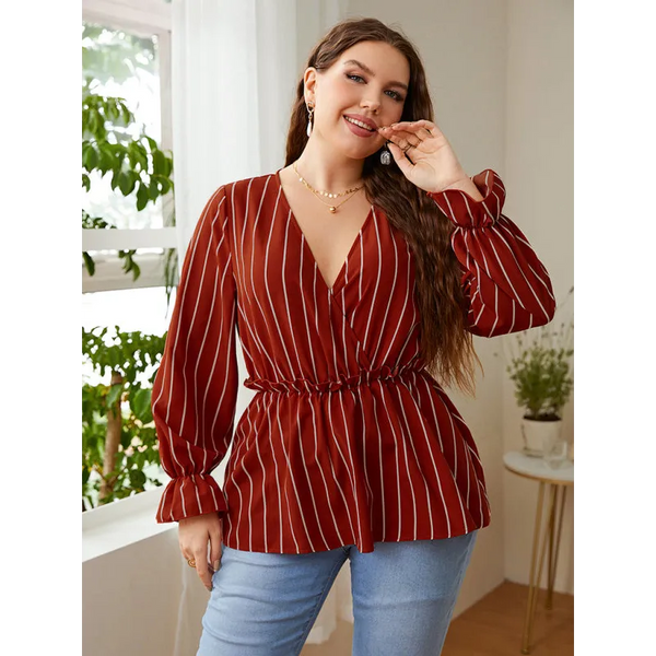 Women’s Stripe Faux Wrap Ruffle Long Sleeve Top