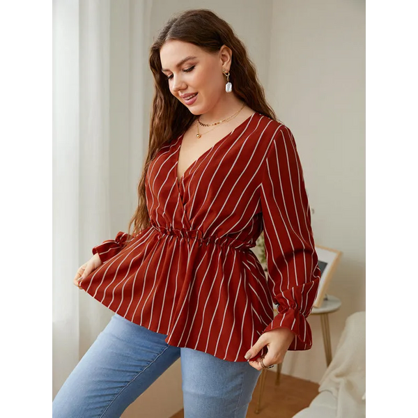 Women’s Stripe Faux Wrap Ruffle Long Sleeve Top