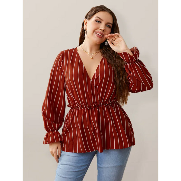 Women’s Stripe Faux Wrap Ruffle Long Sleeve Top - Red / XL