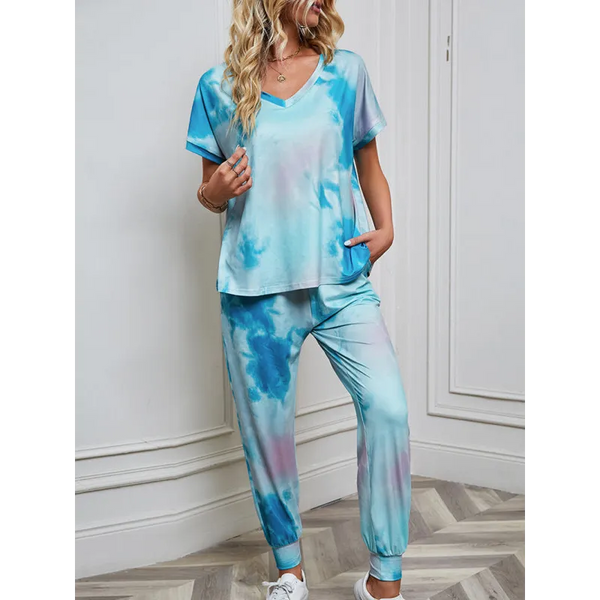 Women’s Tie-dyed Two-piece Pajamas - Blue / S - Outfit Sets