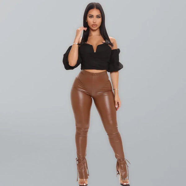 Women’s Vegan Leather Pants With Adjustable Suspender Straps