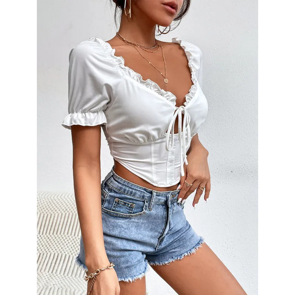 Women’s wood ear collar short -sleeved strap top - Tops