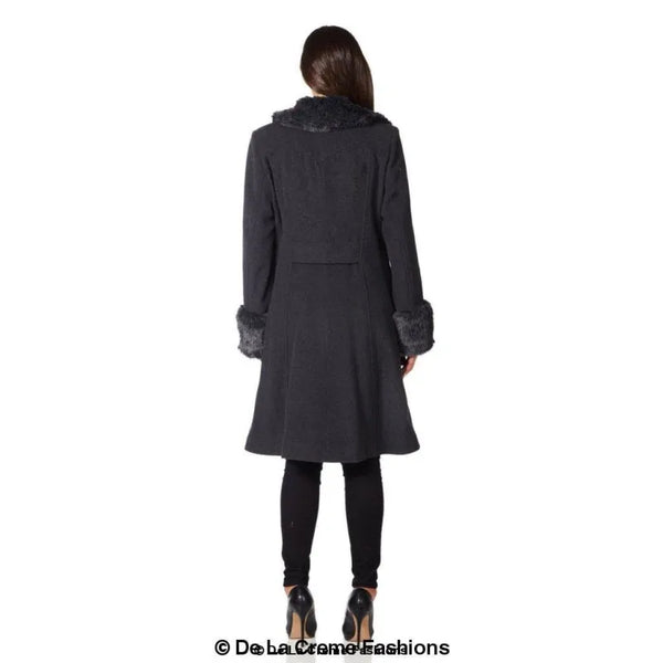 Womens Wool Blend Faux Fur Trim Midi Coat - Coats & Jackets