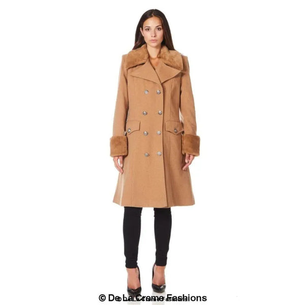 Womens Wool Blend Faux Fur Trim Midi Coat - Coats & Jackets