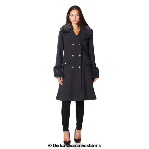 Womens Wool Blend Faux Fur Trim Midi Coat - Coats & Jackets