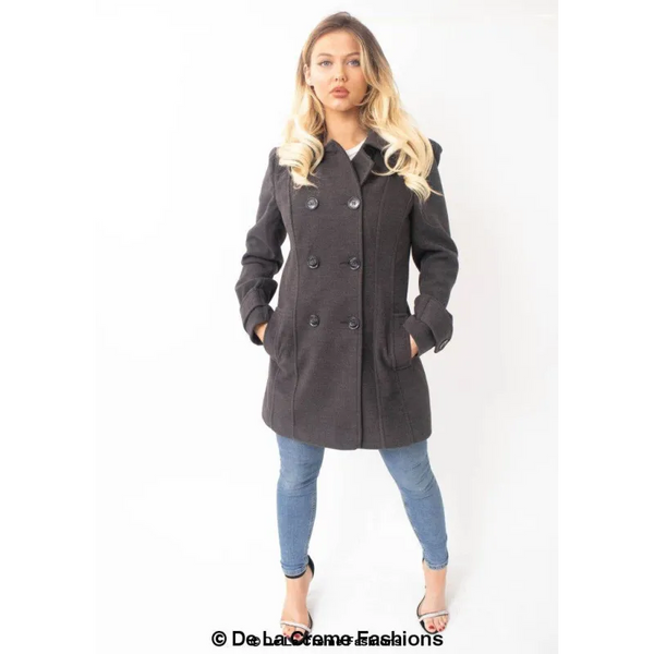 Womens Wool Feel Double Breasted Hooded Coat - Jackets &