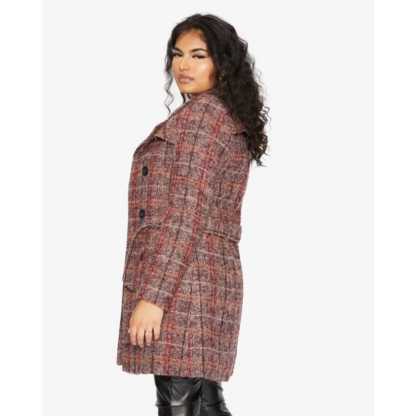 Wool Blend Check Double Breasted Military Coat - Coats &