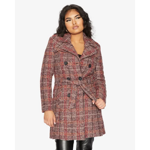 Wool Blend Check Double Breasted Military Coat - Coats &