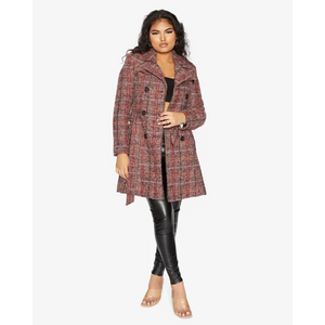 Wool Blend Check Double Breasted Military Coat - Coats &