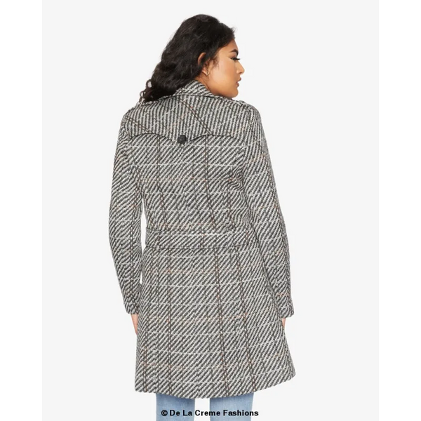 Wool Blend Check Double Breasted Military Coat - Coats &