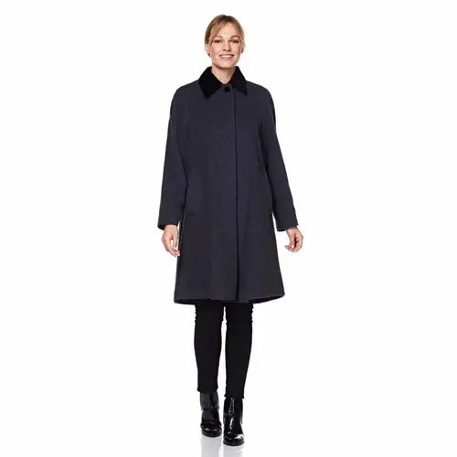 Wool Blend Oversized Velvet Trim Swing Coat - 10 FITS UK 14