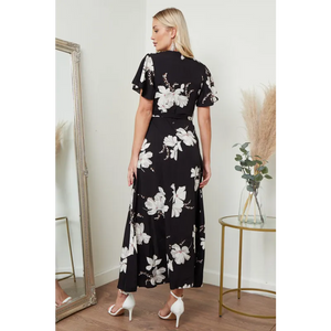 Wrap Front Maxi Dress In Black Floral Print - Dresses