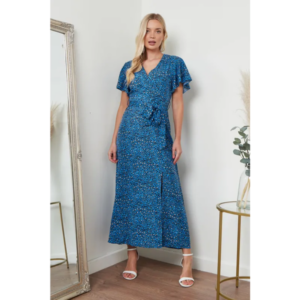 Wrap Front Maxi Dress In Blue Animal Print - Dresses