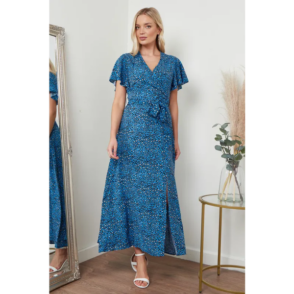 Wrap Front Maxi Dress In Blue Animal Print - Dresses