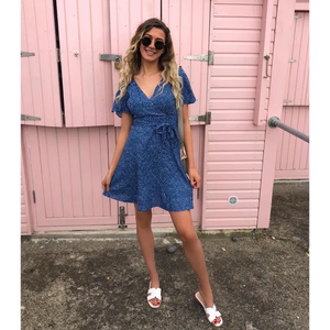 Wrap Front Mini Dress In Blue Polka Dot - Dresses