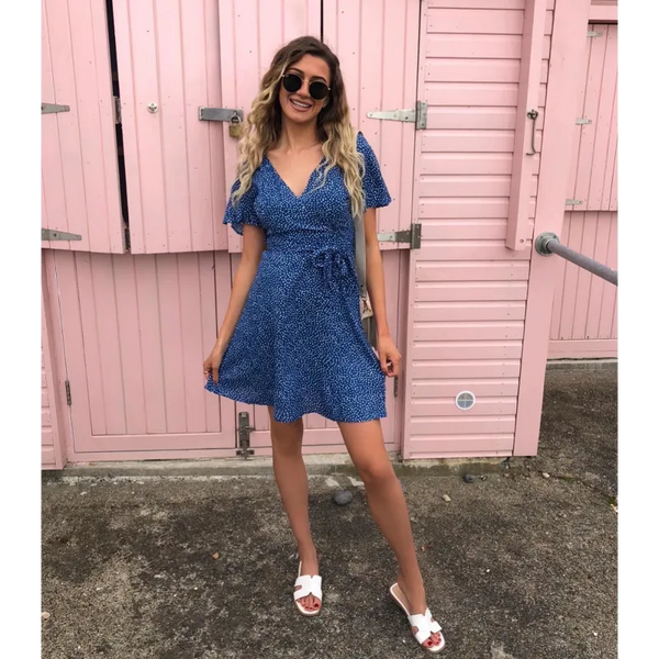 Wrap Front Mini Dress In Blue Polka Dot - Dresses
