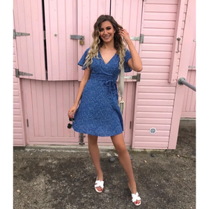 Wrap Front Mini Dress In Blue Polka Dot - Dresses