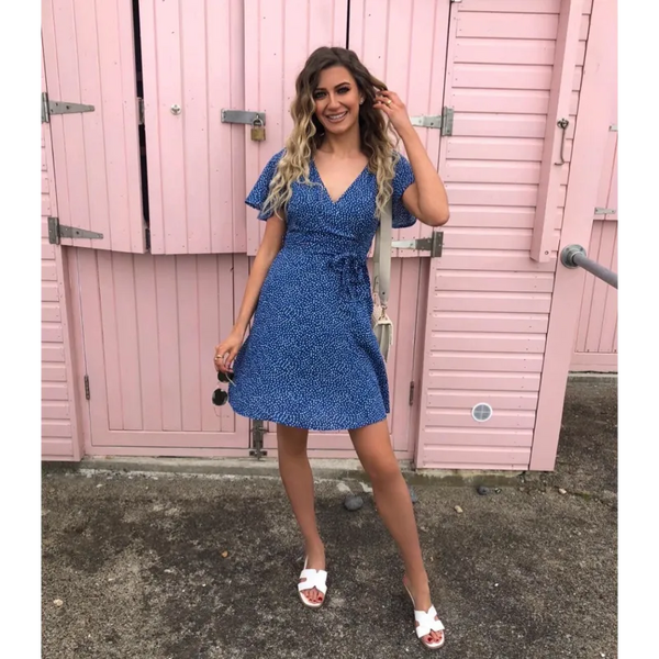 Wrap Front Mini Dress In Blue Polka Dot - Dresses