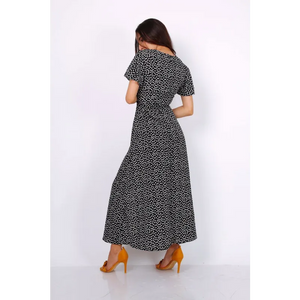 Wrap Front Split Leg Maxi Dress In Black Daisy Dot Print -