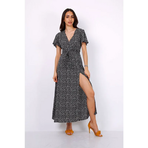 Wrap Front Split Leg Maxi Dress In Black Daisy Dot Print -