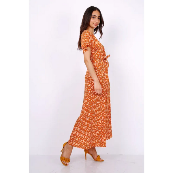 Wrap Front Split Leg Maxi Dress In Camel Daisy Dot Print -