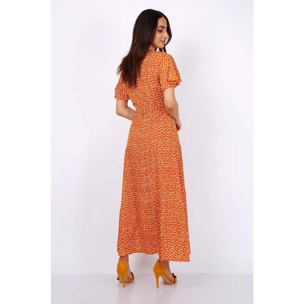 Wrap Front Split Leg Maxi Dress In Camel Daisy Dot Print -
