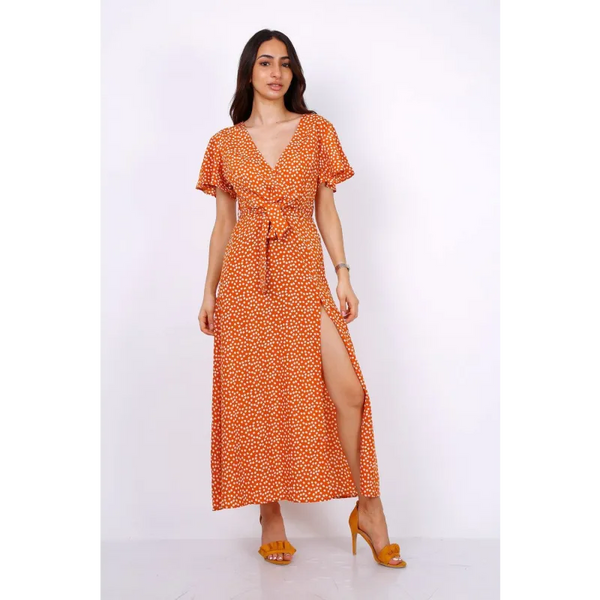 Wrap Front Split Leg Maxi Dress In Camel Daisy Dot Print -