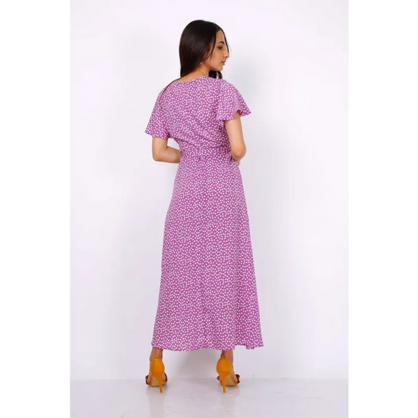 Wrap Front Split Leg Maxi Dress In Lilac Daisy Dot Print -